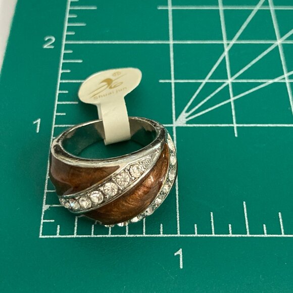 Vintage Brown Enamel Cocktail Ring Silver Plated Crystal Rhinestone Sz 7 9 Boho - Picture 7 of 8